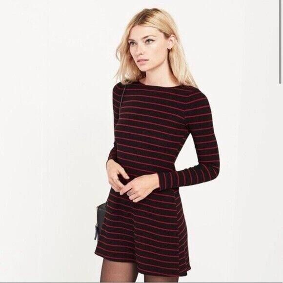 Reformation Ribbed Striped Mini Dress XS Red Navy Blue Preppy Long Sleeve - Picture 1 of 10